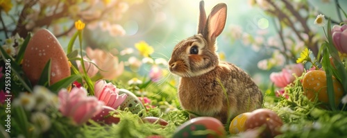 Cute rabbit surrounded by Easter eggs in grass #755392536