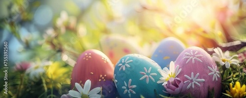 Vibrant Easter eggs nestled in spring foliage