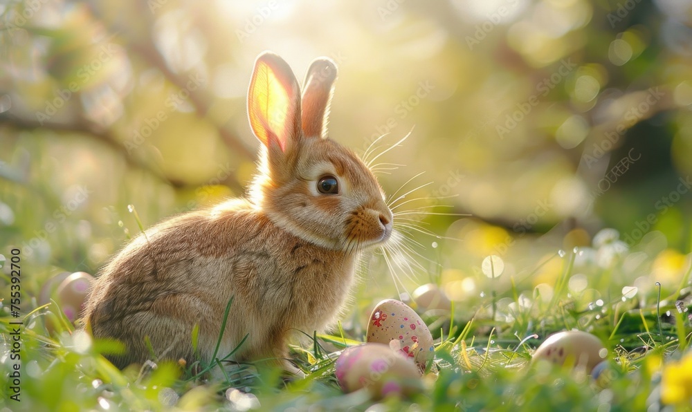 Fototapeta premium Cute rabbit surrounded by Easter eggs in grass