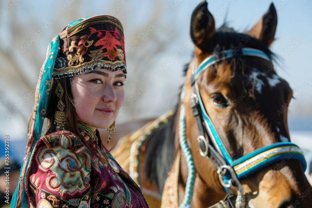 A stunning young woman in traditional attire poses gracefully next to a horse at the Nowruz festival