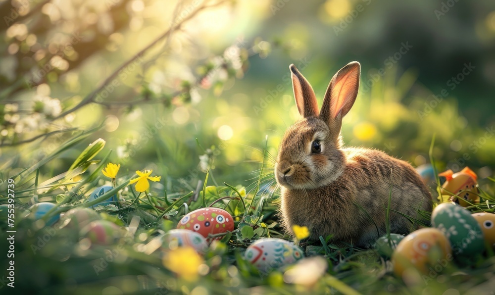 Cute rabbit surrounded by Easter eggs in grass Cute rabbit surrounded by Easter eggs in grass