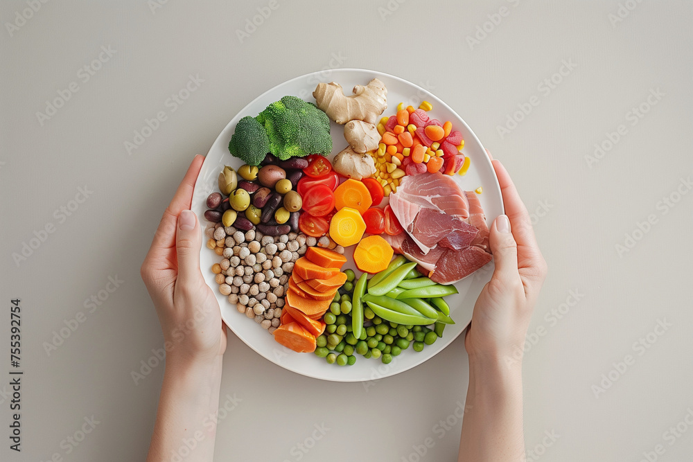 A person is holding a plate full of vegetables and fruits. The plate is full of different types of food, including broccoli, carrots.