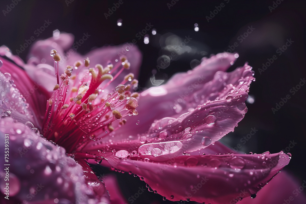 A close up of a pink flower with raindrops on it. The flower is the main focus of the image, and the raindrops add a sense of freshness and life to the scene A close up of a pink flower with raindrops on it. The flower is the main focus of the image, and the raindrops add a sense of freshness and life to the scene