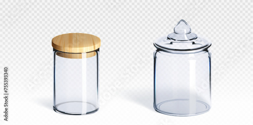 Glass transparent jar mockup closed with wooden cap. Realistic vector illustration set of clear blank plastic kitchen container. Food packaging template. Round kitchenware for product storage.