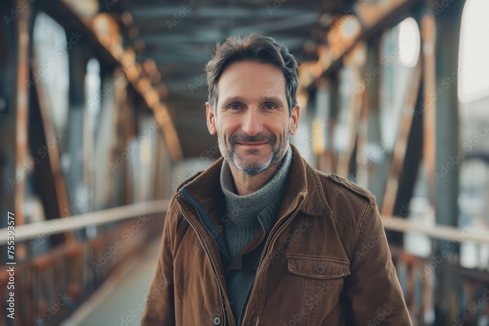 Fototapeta premium A man wearing a brown jacket and a gray scarf is smiling
