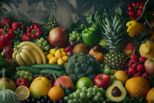 A colorful assortment of fruits and vegetables  including apples  bananas