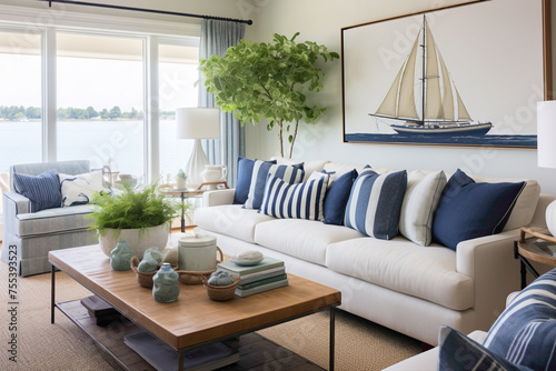 A summer-inspired living room adorned with seafoam greens and navy blues  where comfortable furnishings and coastal decor seamlessly merge to create a modern nautical haven