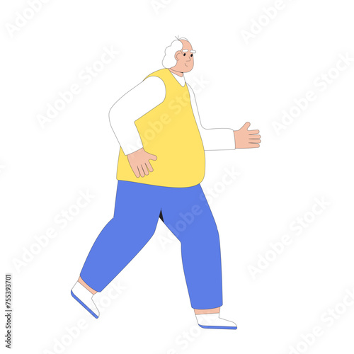 Overweigh elderly man running. Exercises jogging for weight loss and health. Vector illustration
