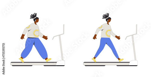 Weight loss exercises woman. Before and after female character running on treadmill.