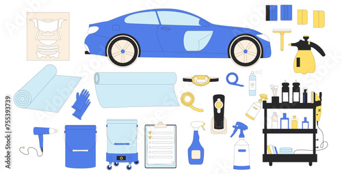 Vehicle wrapping set. Car detailing. Repair auto. Collection of isolated automobile service tools. Vector illustration