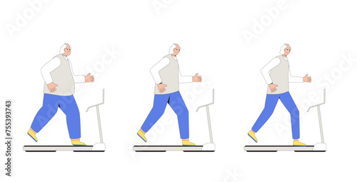 Weight loss exercises elderly man sequence. Before and after. Senior character with different body mass running on treadmill