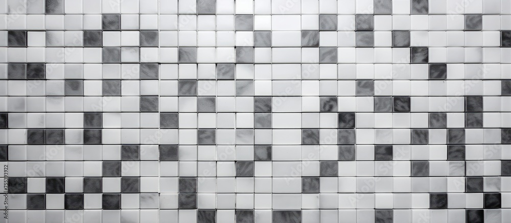 A monochromatic tiled wall featuring a pattern of white mosaic tiles on a grey square texture background, exuding a sense of luxury and elegance. A monochromatic tiled wall featuring a pattern of white mosaic tiles on a grey square texture background, exuding a sense of luxury and elegance.