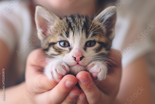 A small kitten is being held in a person's hand. The kitten has blue eyes and is looking up at the camera. Concept of warmth and affection