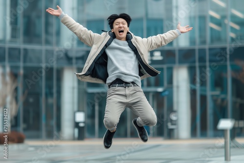 A man is jumping in the air with his arms outstretched