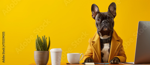 dog Dressed As Businessman Works At Desk On Computer