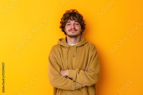 A man with curly hair is wearing a yellow hoodie