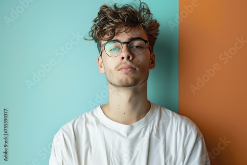 A man with glasses is standing in front of a blue and orange wall