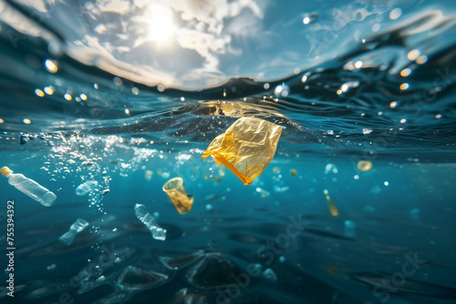 A large body of water is filled with plastic bottles and bags. The scene is a reminder of the importance of reducing plastic waste and protecting our oceans © lashkhidzetim