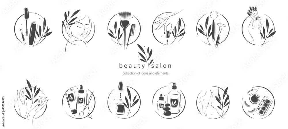 Big set of elements and icons for beauty salon. Nail polish, manicured female hands, beautiful woman face, lipstick, eyelash extension, makeup, hairdressing. Vector illustrations Big set of elements and icons for beauty salon. Nail polish, manicured female hands, beautiful woman face, lipstick, eyelash extension, makeup, hairdressing. Vector illustrations