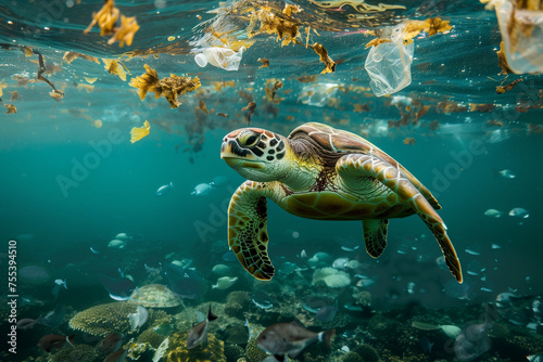 A turtle swimming in the ocean with plastic bottles floating around it. Concept of sadness and concern for the environment, as the turtle is surrounded by trash that is harmful to marine life