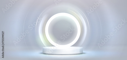 Round podium on white light circle background. Vector realistic illustration of cylinder shape stage in futuristic design studio, product presentation pedestal, shiny halo illumination effect on wall