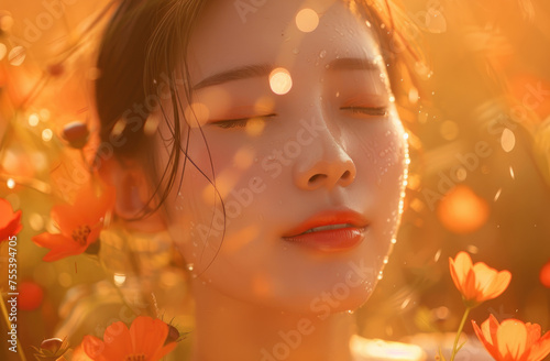 Portrait of a beautiful young Asian woman with closed eyes in a flowers field, with beautiful face skin, lit by orange colored light, with sun rays and dew drops on her skin