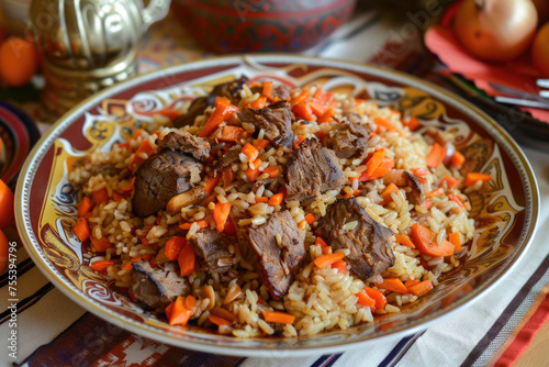 Plov, a traditional Uzbek dish featuring savory rice, tender meat, carrots served for Nowruz