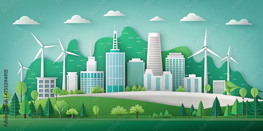 Paper Art of Sustainability: Green Eco City, Alternative Energy, and Ecology Conservation Concept - Banner Template Background, Vector Illustration
