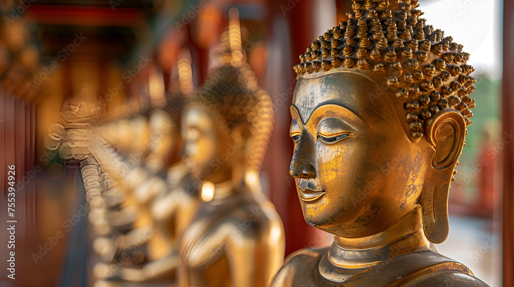 buddha status, Golden buddha in temple, Statues de Bouddha sur ciel bleu, Golden Buddhas in temples line, Generative Ai