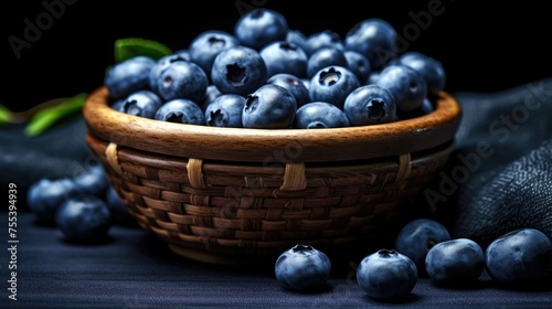 Fresh blueberries in a wooden bowl on a black wooden table.