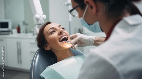 Close-up of a happy woman patient in a dental chair at a dentist's examination in a modern dental clinic. Teeth whitening, Brushing, Caries treatment, pulpitis, periodontitis.