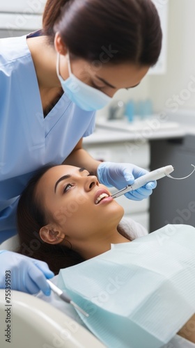 A female patient undergoes a routine dental examination by a dentist in a modern dental clinic. Teeth whitening, Brushing, Caries treatment, pulpitis, periodontitis.