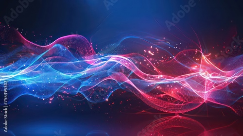 Abstract blue and red harmony tech background with digital waves, explosion, dynamic network system, artificial neural connections, AI quantum computing global intelligence