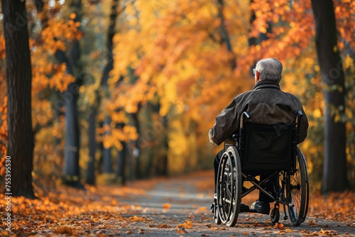 An elderly man rides in a wheelchair in a fall park. A lonely old disabled male on a street strewn with yellow leaves.