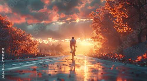 Person walking on a wet road towards a vibrant sunset with autumn trees and dramatic clouds.
