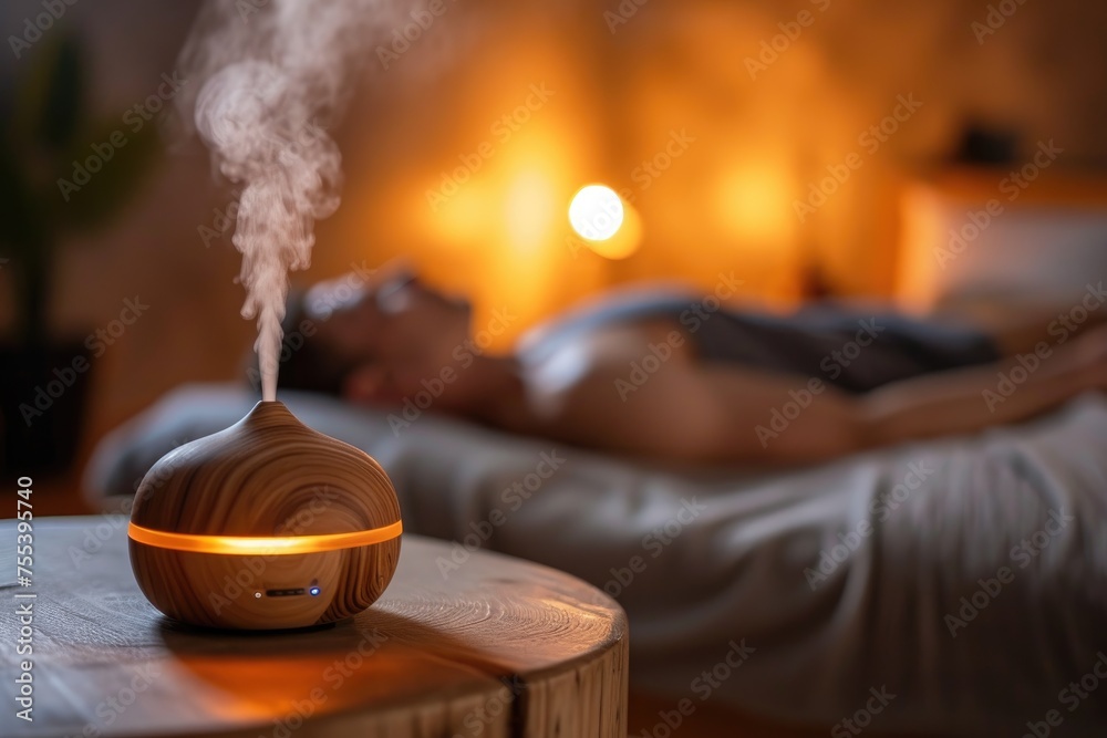 Man sleeping, relaxing in a room with automatic aroma oil diffuser on a table. A cloud of steam