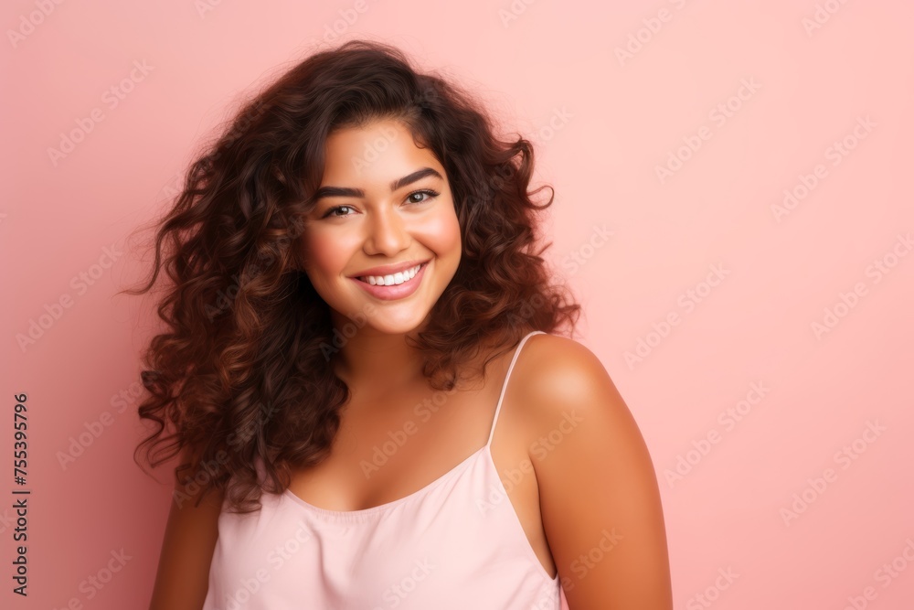 Photo of a radiant plus-size female model, age 25, Hispanic, smiling brightly against a gentle pink backdrop, showcasing beauty and positivity
Photo of a radiant plus-size female model, age 25, Hispanic, smiling brightly against a gentle pink backdrop, showcasing beauty and positivity