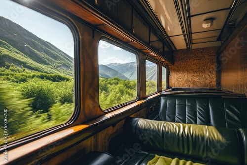 A view from the window of a rushing intercity train on green fields and mountains flying by. Traveling in an old deserted train carriage on a summer day.