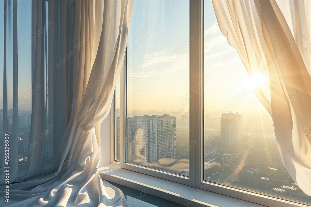 Naklejka premium Translucent white curtains sway in the sunlight on the sill of a luxurious window overlooking the morning city.