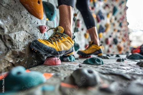 Close-up of a trekking shoes climber going up an artificial wall with multicolored holds on an indoor climbing wall.