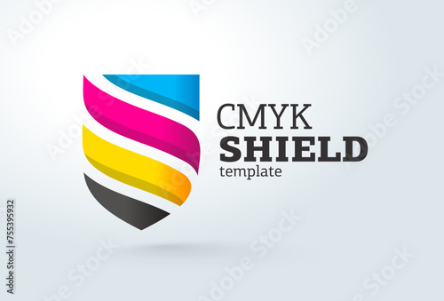 Logo Printing theme CMYK color. Shield and streaks. Template design vector. White background.