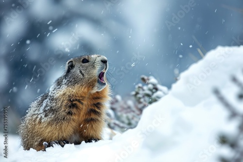 A funny groundhog crawled out of its burrow and screams in the winter afternoon. An ancient omen, the marmot heralds the end of winter and the arrival of spring.