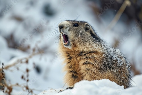 A funny groundhog crawled out of its burrow and screams in the winter afternoon. An ancient omen, the marmot heralds the end of winter and the arrival of spring.