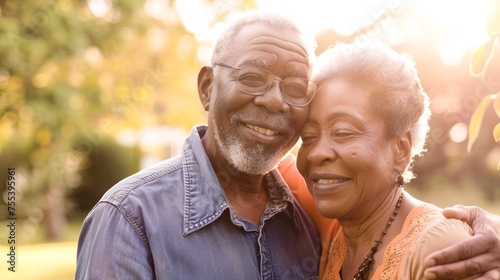 An elderly couple smiling warmly, embracing in a sunlit outdoor setting, conveying a sense of love, companionship, and lifetime connection.