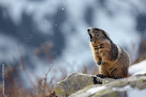 An ancient omen, the marmot heralds the end of winter and the arrival of spring. A funny groundhog crawled out of its burrow and screams in the winter afternoon. photo