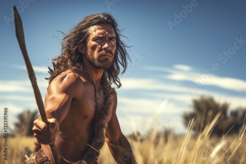 A strong adult Cro-Magnon man with a muscular build and sun-kissed skin, aiming a spear in a vast grassland. His focused gaze and poised stance demonstrate the prowess and survival instincts of early  photo