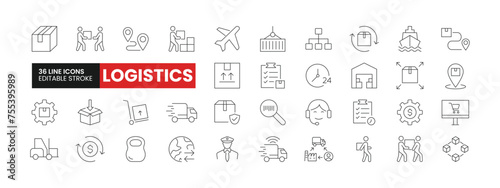 Set of 36 Logistics line icons set. Logistics outline icons with editable stroke collection. Includes Imports Exports, Freight, Warehouse, Custom Inspection, Supply Chain, and More.