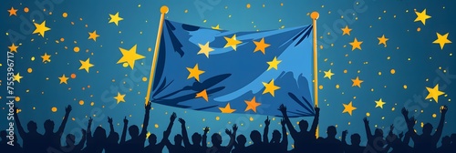 Crowd of people waving the flag of the European Unio  for the European elections. photo