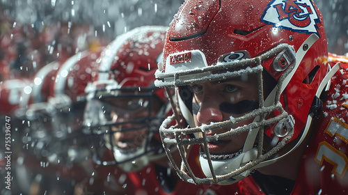 American Football Player in Red Uniform During Snowy Game © Stanley