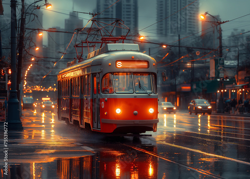 A Moscow downtown a street car of a retro tram going down a street at the early morning